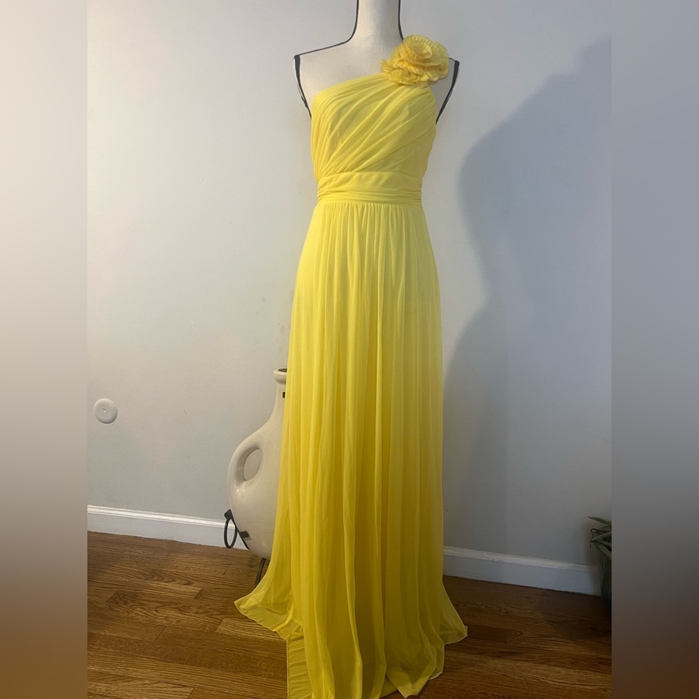 Dollcake Sunny Yellow One-Shoulder Chiffon Gown with Floral Shoulder
